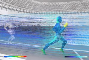 A simulation of an athlete on a running track show body temperature in average conditions